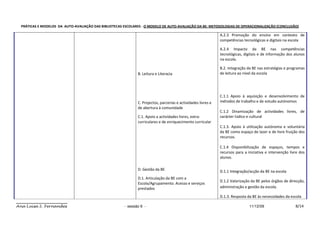 PRÁTICAS E MODELOS DA AUTO-AVALIAÇÃO DAS BIBLIOTECAS ESCOLARES - O MODELO DE AUTO-AVALIAÇÃO DA BE: METODOLOGIAS DE OPERACIONALIZAÇÃO (CONCLUSÃO)

                                                                                                               A.2.3 Promoção do ensino em contexto de
                                                                                                               competências tecnológicas e digitais na escola

                                                                                                               A.2.4 Impacto da BE nas competências
                                                                                                               tecnológicas, digitais e de informação dos alunos
                                                                                                               na escola.

                                                                                                               B.2. Integração da BE nas estratégias e programas
                                                              B. Leitura e Literacia                           de leitura ao nível da escola




                                                                                                               C.1.1 Apoio à aquisição e desenvolvimento de
                                                              C. Projectos, parcerias e actividades livres e   métodos de trabalho e de estudo autónomos
                                                              de abertura à comunidade
                                                                                                               C.1.2 Dinamização de actividades livres, de
                                                              C.1. Apoio a actividades livres, extra-          carácter lúdico e cultural
                                                              curriculares e de enriquecimento curricular
                                                                                                               C.1.3. Apoio à utilização autónoma e voluntária
                                                                                                               da BE como espaço de lazer e de livre fruição dos
                                                                                                               recursos.

                                                                                                               C.1.4 Disponibilização de espaços, tempos e
                                                                                                               recursos para a iniciativa e intervenção livre dos
                                                                                                               alunos.

                                                              D. Gestão da BE                                  D.1.1 Integração/acção da BE na escola
                                                              D.1. Articulação da BE com a
                                                                                                               D.1.2 Valorização da BE pelos órgãos de direcção,
                                                              Escola/Agrupamento. Acesso e serviços
                                                              prestados                                        administração e gestão da escola.

                                                                                                               D.1.3. Resposta da BE às necessidades da escola

Ana Luísa S. Fernandes                                 - sessão 6 -                                                             11/12/09                   8/14
 