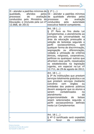 Pinheiro Carrenho
Rua Barão do Triunfo, 88 conj.612
São Paulo/SP 11 2691 1311
24
II - atender a padrões mínimos de
qualidade, aferidos pelos
processos de avaliação
conduzidos pelo Ministério da
Educação; e (Incluído pela Lei nº
12.868, de 2013)
§ 1º (...)
III - atender a padrões mínimos
de qualidade aferidos pelos
processos de avaliação
conduzidos pela autoridade
executiva federal competente.
-
Art. 18 (...)
§ 2º Para os fins desta Lei
Complementar, o atendimento ao
princípio da universalidade na
área da educação pressupõe a
seleção de bolsistas segundo o
perfil socioeconômico, sem
qualquer forma de discriminação,
segregação ou diferenciação,
vedada a utilização de critérios
étnicos, religiosos, corporativos,
políticos ou quaisquer outros que
afrontem esse perfil, ressalvados
os estabelecidos na legislação
vigente, em especial na Lei nº
12.711, de 29 de agosto de 2012.
-
Art. 18 (...)
§ 3º As instituições que prestam
serviços totalmente gratuitos e as
que prestam serviços mediante
convênio com órgãos ou
entidades dos poderes públicos
devem assegurar que os alunos a
serem contabilizados no
atendimento da
proporcionalidade de bolsas
sejam selecionados segundo o
perfil socioeconômico definido
nesta Lei Complementar.
-
Art. 18 (...)
§ 4º O certificado será expedido
em favor da entidade
 