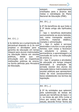 Pinheiro Carrenho
Rua Barão do Triunfo, 88 conj.612
São Paulo/SP 11 2691 1311
27
estejam explicitamente
orientados para o alcance das
metas e estratégias do Plano
Nacional de Educação (PNE).
Art. 13 (…)
§ 3o Admite-se o cumprimento do
percentual disposto no § 2o com
projetos e atividades para a
garantia da educação em tempo
integral para alunos matriculados
na educação básica em escolas
públicas, desde que em
articulação com as respectivas
instituições públicas de ensino,
na forma definida pelo Ministério
da Educação.
Art. 19 (...)
§ 4º Os benefícios de que trata o
§ 3º deste artigo são tipificados
em:
I - tipo 1: benefícios destinados
exclusivamente ao aluno bolsista,
tais como transporte escolar,
uniforme, material didático,
moradia e alimentação;
II - tipo 2: ações e serviços
destinados a alunos e a seu grupo
familiar, com vistas a favorecer
ao estudante o acesso, a
permanência, a aprendizagem e a
conclusão do curso na instituição
de ensino; e
III - tipo 3: projetos e atividades
de educação em tempo integral
destinados à ampliação da
jornada escolar dos alunos da
educação básica matriculados em
escolas públicas que apresentem
índice de nível socioeconômico
baixo estabelecido nos termos da
legislação.
-
Art. 19 (...)
§ 5º As entidades que optarem
pela substituição de bolsas de
estudo por benefícios de tipos 1 e
2, no limite de até 25% (vinte e
cinco por cento) das bolsas de
estudo, deverão firmar Termo de
 