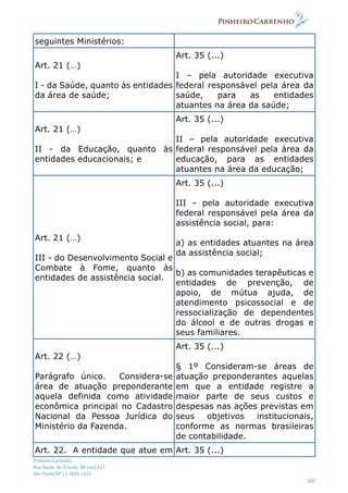 Pinheiro Carrenho
Rua Barão do Triunfo, 88 conj.612
São Paulo/SP 11 2691 1311
60
seguintes Ministérios:
Art. 21 (…)
I - da Saúde, quanto às entidades
da área de saúde;
Art. 35 (...)
I – pela autoridade executiva
federal responsável pela área da
saúde, para as entidades
atuantes na área da saúde;
Art. 21 (…)
II - da Educação, quanto às
entidades educacionais; e
Art. 35 (...)
II – pela autoridade executiva
federal responsável pela área da
educação, para as entidades
atuantes na área da educação;
Art. 21 (…)
III - do Desenvolvimento Social e
Combate à Fome, quanto às
entidades de assistência social.
Art. 35 (...)
III – pela autoridade executiva
federal responsável pela área da
assistência social, para:
a) as entidades atuantes na área
da assistência social;
b) as comunidades terapêuticas e
entidades de prevenção, de
apoio, de mútua ajuda, de
atendimento psicossocial e de
ressocialização de dependentes
do álcool e de outras drogas e
seus familiares.
Art. 22 (…)
Parágrafo único. Considera-se
área de atuação preponderante
aquela definida como atividade
econômica principal no Cadastro
Nacional da Pessoa Jurídica do
Ministério da Fazenda.
Art. 35 (...)
§ 1º Consideram-se áreas de
atuação preponderantes aquelas
em que a entidade registre a
maior parte de seus custos e
despesas nas ações previstas em
seus objetivos institucionais,
conforme as normas brasileiras
de contabilidade.
Art. 22. A entidade que atue em Art. 35 (...)
 