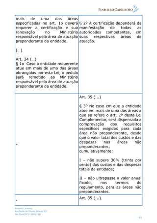 Pinheiro Carrenho
Rua Barão do Triunfo, 88 conj.612
São Paulo/SP 11 2691 1311
61
mais de uma das áreas
especificadas no art. 1o deverá
requerer a certificação e sua
renovação no Ministério
responsável pela área de atuação
preponderante da entidade.
(…)
Art. 34 (…)
§ 1o Caso a entidade requerente
atue em mais de uma das áreas
abrangidas por esta Lei, o pedido
será remetido ao Ministério
responsável pela área de atuação
preponderante da entidade.
§ 2º A certificação dependerá da
manifestação de todas as
autoridades competentes, em
suas respectivas áreas de
atuação.
-
Art. 35 (...)
§ 3º No caso em que a entidade
atue em mais de uma das áreas a
que se refere o art. 2º desta Lei
Complementar, será dispensada a
comprovação dos requisitos
específicos exigidos para cada
área não preponderante, desde
que o valor total dos custos e das
despesas nas áreas não
preponderantes,
cumulativamente:
I – não supere 30% (trinta por
cento) dos custos e das despesas
totais da entidade;
II – não ultrapasse o valor anual
fixado, nos termos do
regulamento, para as áreas não
preponderantes.
-
Art. 35 (...)
 