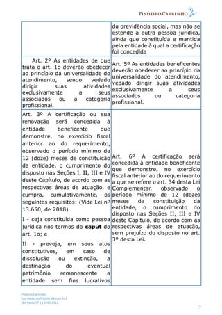 Pinheiro Carrenho
Rua Barão do Triunfo, 88 conj.612
São Paulo/SP 11 2691 1311
7
da previdência social, mas não se
estende a outra pessoa jurídica,
ainda que constituída e mantida
pela entidade à qual a certificação
foi concedida
Art. 2º As entidades de que
trata o art. 1o deverão obedecer
ao princípio da universalidade do
atendimento, sendo vedado
dirigir suas atividades
exclusivamente a seus
associados ou a categoria
profissional.
Art. 5º As entidades beneficentes
deverão obedecer ao princípio da
universalidade do atendimento,
vedado dirigir suas atividades
exclusivamente a seus
associados ou categoria
profissional.
Art. 3º A certificação ou sua
renovação será concedida à
entidade beneficente que
demonstre, no exercício fiscal
anterior ao do requerimento,
observado o período mínimo de
12 (doze) meses de constituição
da entidade, o cumprimento do
disposto nas Seções I, II, III e IV
deste Capítulo, de acordo com as
respectivas áreas de atuação, e
cumpra, cumulativamente, os
seguintes requisitos: (Vide Lei nº
13.650, de 2018)
I - seja constituída como pessoa
jurídica nos termos do caput do
art. 1o; e
II - preveja, em seus atos
constitutivos, em caso de
dissolução ou extinção, a
destinação do eventual
patrimônio remanescente a
entidade sem fins lucrativos
Art. 6º A certificação será
concedida à entidade beneficente
que demonstre, no exercício
fiscal anterior ao do requerimento
a que se refere o art. 34 desta Lei
Complementar, observado o
período mínimo de 12 (doze)
meses de constituição da
entidade, o cumprimento do
disposto nas Seções II, III e IV
deste Capítulo, de acordo com as
respectivas áreas de atuação,
sem prejuízo do disposto no art.
3º desta Lei.
 