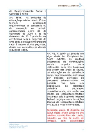 Pinheiro Carrenho
Rua Barão do Triunfo, 88 conj.612
São Paulo/SP 11 2691 1311
74
do Desenvolvimento Social e
Combate à Fome
Art. 38-B. As entidades de
educação previstas no art. 13 que
tenham protocolado
requerimentos de concessão ou
de renovação no período
compreendido entre 30 de
novembro de 2009 e 31 de
dezembro de 2010 poderão ser
certificadas sem a exigência de
uma bolsa de estudo integral para
cada 9 (nove) alunos pagantes,
desde que cumpridos os demais
requisitos legais.
-
-
Art. 41. A partir da entrada em
vigor desta Lei Complementar,
ficam extintos os créditos
decorrentes de contribuições
sociais lançados contra
instituições sem fins lucrativos
que atuam nas áreas de saúde,
de educação ou de assistência
social, expressamente motivados
por decisões derivadas de
processos administrativos ou
judiciais com base em
dispositivos da legislação
ordinária declarados
inconstitucionais, em razão dos
efeitos da inconstitucionalidade
declarada pelo Supremo Tribunal
Federal no julgamento das Ações
Diretas de Inconstitucionalidade
nºs 2028 e 4480 e correlatas.
Parágrafo único. O disposto no
caput deste artigo aplica-se aos
créditos constituídos da União,
oriundos ou não de autos de
infração, com exigibilidade
 