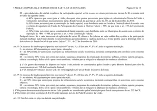 TABELA COMPARATIVA DE PROJETOS DE PARTILHA DE ROYALTIES                                                                           Página 10 de 10

       III – após deduzidos, do total de royalties e da participação especial, se for o caso, os valores previstos nos incisos I e II, o restante será
       dividido da seguinte forma:
               a) 40% (quarenta por cento) para a União, dos quais vinte pontos percentuais para órgãos da Administração Direta da União e
               vinte pontos percentuais necessariamente para o Fundo Social, de que trata a Lei no 12.351, de 22 de dezembro de 2010;
               b) 30% (trinta por cento) para a constituição de fundo especial, a ser distribuído entre os Estados e Distrito Federal de acordo com
               o critério de repartição do Fundo de Participação dos Estados e Distrito Federal – FPE, de que trata o art. 159 da Constituição
               Federal;
               c) 30% (trinta por cento) para a constituição de fundo especial, a ser distribuído entre os Municípios de acordo com o critério de
               repartição do FPM – FPM, de que trata o art. 159 da Constituição Federal.
       Parágrafo único. Se o valor decorrente da aplicação do inciso III, alínea a, for inferior ao valor médio dos royalties e da participação
       especial recebidos pela União durante os sessenta meses que antecederam a vigência desta Lei, a União poderá sacar a diferença entre os
       dois valores do Fundo Social de que trata a Lei no 12.351, de 22 de dezembro de 2010.

Art. 8º Os recursos do fundo especial previsto nos incisos IV do art. 3º, e II dos arts. 4º, 5º e 6º, terão a seguinte destinação:
        I – no mínimo, 40% (quarenta por cento) para a educação;
        II – até 30% (trinta por cento) para os projetos de infraestrutura social e econômica, incluindo contrapartidas em convênios com o mesmo
        objetivo;
        III – no mínimo 30% (trinta por cento) para saúde, segurança, programas de erradicação da miséria e pobreza, cultura, esporte, pesquisa,
        ciência e tecnologia, defesa civil e para o meio ambiente, voltados para a mitigação e adaptação às mudanças climáticas.

       § 1º Os gastos decorrentes do disposto no inciso I não poderão ser considerados pelos Estados e pelo Distrito Federal para fins de
       cumprimento do art. 212 da Constituição Federal.
       § 2º Os limites previstos nos incisos I, II e III serão regulados por ato do Poder Executivo da União.

Art. 9º Os recursos do fundo especial previsto nos incisos V do art. 3º, e III dos arts. 4º, 5º e 6º, terão a seguinte destinação:
        I – no mínimo, 40% (quarenta por cento) para educação;
        II – até 30% (trinta por cento) para projetos de infraestrutura social e econômica, incluindo contrapartidas em convênios com o mesmo
        objetivo;
        III – no mínimo 30% (trinta por cento) para saúde, segurança, programas de erradicação da miséria e pobreza, cultura, esporte, pesquisa,
        ciência e tecnologia, defesa civil e para o meio ambiente, voltados para a mitigação e adaptação às mudanças climáticas.
§ 1º Os gastos decorrentes do disposto no inciso I não poderão ser considerados pelos Municípios para fins de cumprimento do art. 212 da CF.
§ 2º Os limites previstos nos incisos I, II e III serão regulados por ato do Poder Executivo da União.

Art. 10. Esta Lei entra em vigor na data de sua publicação.
 
