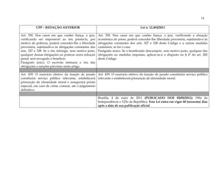 14

           CPP – REDAÇÃO ANTERIOR                                                     Lei n. 12.403/2011

Art. 350. Nos casos em que couber fiança, o juiz,        Art. 350. Nos casos em que couber fiança, o juiz, verificando a situação
verificando ser impossível ao réu prestá-la, por         econômica do preso, poderá conceder-lhe liberdade provisória, sujeitando-o às
motivo de pobreza, poderá conceder-lhe a liberdade       obrigações constantes dos arts. 327 e 328 deste Código e a outras medidas
provisória, sujeitando-o às obrigações constantes dos    cautelares, se for o caso.
arts. 327 e 328. Se o réu infringir, sem motivo justo,   Parágrafo único. Se o beneficiado descumprir, sem motivo justo, qualquer das
qualquer dessas obrigações ou praticar outra infração    obrigações ou medidas impostas, aplicar-se-á o disposto no § 4º do art. 282
penal, será revogado o benefício.                        deste Código.
Parágrafo único. O escrivão intimará o réu das
obrigações e sanções previstas neste artigo.

Art. 439. O exercício efetivo da função de jurado Art. 439. O exercício efetivo da função de jurado constituirá serviço público
constituirá serviço público relevante, estabelecerá relevante e estabelecerá presunção de idoneidade moral.
presunção de idoneidade moral e assegurará prisão
especial, em caso de crime comum, até o julgamento
definitivo.

                                                         Brasília, 4 de maio de 2011 (PUBLICADO DOE 05/05/2011); 190o da
                                                         Independência e 123o da República. Esta Lei entra em vigor 60 (sessenta) dias
                                                         após a data de sua publicação oficial.
 