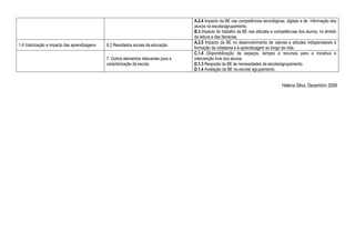 A.2.4 Impacto da BE nas competências tecnológicas, digitais e de informação dos
                                                                                      alunos na escola/agrupamento.
                                                                                      B.3 Impacto do trabalho da BE nas atitudes e competências dos alunos, no âmbito
                                                                                      da leitura e das literacias.
                                                                                      A.2.5 Impacto da BE no desenvolvimento de valores e atitudes indispensáveis à
1.4 Valorização e impacto das aprendizagens   6.2 Resultados sociais da educação
                                                                                      formação da cidadania e à aprendizagem ao longo da vida.
                                                                                      C.1.4 Disponibilização de espaços, tempos e recursos para a iniciativa e
                                              7. Outros elementos relevantes para a   intervenção livre dos alunos.
                                              caracterização da escola.               D.1.3 Resposta da BE às necessidades da escola/agrupamento.
                                                                                      D.1.4 Avaliação da BE na escola/ agrupamento.


                                                                                                                                      Helena Silva, Dezembro 2009
 