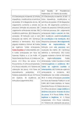36.2 Revelia. 37 Providências
Preliminares. 37.1 Efeitos da revelia.
37.2 Declaração incidental. 37.3 Fatos
impeditivos, modificativos e extintivos
do pedido. 37.4 Alegações do réu. 38
Julgamento conforme o estado do
processo: Extinção do processo. 38.1
Julgamento antecipado da lide. 38.2
Audiência preliminar. 38.3 Despacho
saneador. 39 Extinção com e sem
resolução de mérito. 39.1 Sentença
definitva e terminativa. 39.2 Coisa
julgada material e formal. 40 Tutelas
de Urgência: Tutela Antecipada,
Tutela Cautelar e Tutela Inibitória. 40.1
A tutela antecipada em face da
Fazenda Pública e a Lei 9.494. 41
Teoria Geral das Provas. 41.2 Meios de
prova. 41.3 Ônus da prova. 41.4
Provas Ilícitas. 41.5 Prova emprestada.
41.6 Prova indiciária. 41.7 Sistema de
valoração da prova. 41.8 Fases do
procedimento probatório. 41.9
Poderes probatórios do juiz. 42 Provas
em espécie. 43 Audiência de
instrução e julgamento (AIJ).
37.2 Declaração incidental. 37.337. 2
Fatos impeditivos, modificativos e
extintivos do pedido. 37.34 Alegações
do réu. 38 Julgamento conforme o
estado do processo: Extinção parcial
e total do processo. 38.1 Julgamento
antecipado total e parcial da lide.
38.2 Audiência preliminarAudiência
de conciliação e de mediação. 38.3
Despacho saneador. 38.4 Julgamento
liminar de improcedência. 39
Extinção com edo processo sem
resolução de mérito. 39.1 Sentença
definitva e terminativa. 39.2 Coisa
julgada material e formal. 40 Tutelas
de UrgênciaProvisória: Tutela
Antecipada, Tutela Cautelar e Tutela
Inibitóriaurgência e evidência. 40.1
Tutela de urgência cautelar e
antecipatória. 40.2 Tutela de urgência
antecedente e incidente. 40.3
Estabilização da tutela antecipada.
40.41 A tutela antecipada provisória
em face da Fazenda Pública e a Lei
9.494. 40.5 Tutela inibitória. 41 Teoria
Geral das Provas. 41.2 Meios de prova.
41.3 Ônus da prova: carga estática e
dinâmica da prova. Inversão do ônus
da prova. 41.4 Provas lícitas, Ilícitas,
legítimas e ilegítimas. 41. 5 Prova
emprestada. 41.6 Prova indiciária.
41.7 Sistema de valoração da prova.
 