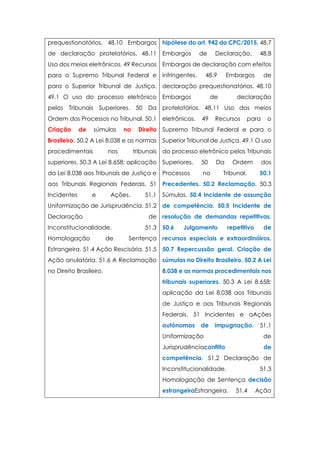 prequestionatórios. 48.10 Embargos
de declaração protelatórios. 48.11
Uso dos meios eletrônicos. 49 Recursos
para o Supremo Tribunal Federal e
para o Superior Tribunal de Justiça.
49.1 O uso do processo eletrônico
pelos Tribunais Superiores. 50 Da
Ordem dos Processos no Tribunal. 50.1
Criação de súmulas no Direito
Brasileiro. 50.2 A Lei 8.038 e as normas
procedimentais nos tribunais
superiores. 50.3 A Lei 8.658: aplicação
da Lei 8.038 aos Tribunais de Justiça e
aos Tribunais Regionais Federais. 51
Incidentes e Ações. 51.1
Uniformização de Jurisprudência. 51.2
Declaração de
Inconstitucionalidade. 51.3
Homologação de Sentença
Estrangeira. 51.4 Ação Rescisória. 51.5
Ação anulatória. 51.6 A Reclamação
no Direito Brasileiro.
hipótese do art. 942 do CPC/2015. 48.7
Embargos de Declaração. 48.8
Embargos de declaração com efeitos
infringentes. 48.9 Embargos de
declaração prequestionatórios. 48.10
Embargos de declaração
protelatórios. 48.11 Uso dos meios
eletrônicos. 49 Recursos para o
Supremo Tribunal Federal e para o
Superior Tribunal de Justiça. 49.1 O uso
do processo eletrônico pelos Tribunais
Superiores. 50 Da Ordem dos
Processos no Tribunal. 50.1
Precedentes. 50.2 Reclamação. 50.3
Súmulas. 50.4 Incidente de assunção
de competência. 50.5 Incidente de
resolução de demandas repetitivas.
50.6 Julgamento repetitivo de
recursos especiais e extraordináiros.
50.7 Repercussão geral. Criação de
súmulas no Direito Brasileiro. 50.2 A Lei
8.038 e as normas procedimentais nos
tribunais superiores. 50.3 A Lei 8.658:
aplicação da Lei 8.038 aos Tribunais
de Justiça e aos Tribunais Regionais
Federais. 51 Incidentes e aAções
autônomas de impugnação. 51.1
Uniformização de
Jurisprudênciaconflito de
competência. 51.2 Declaração de
Inconstitucionalidade. 51.3
Homologação de Sentença decisão
estrangeiraEstrangeira. 51.4 Ação
 