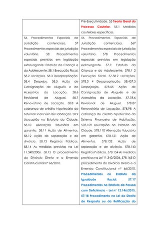 Pré-Executividade. 55 Teoria Geral do
Processo Cautelar. 55.1 Medidas
cautelares específicas.
56 Procedimentos Especiais de
Jurisdição contenciosa. 57
Procedimentos especiais de jurisdição
voluntária. 58 Procedimentos
especiais previstos em legislação
extravagante: Estatuto da Criança e
do Adolescente. 58.1 Execução Fiscal.
58.2 Locações. 58.3 Desapropriação.
58.4 Despejos. 58.5 Ação de
Consignação de Aluguéis e de
Acessórios da Locação. 58.6
Revisional de Aluguel. 58.7
Renovatória de Locação. 58.8 A
cobrança de crédito hipotecário do
Sistema Financeiro de Habitação. 58.9
Usucapião no Estatuto da Cidade.
58.10 Alienação fiduciária em
garantia. 58.11 Ação de Alimentos.
58.12 Ação de separação e de
divórcio. 58.13 Registros Públicos.
58.14 As medidas previstas na Lei
11.340/2006. 58.15 O procedimento
do Divórcio Direto e a Emenda
Constitucional nº 66/2010.
56 Procedimentos Especiais de
Jurisdição contenciosa. 567
Procedimentos especiais de jurisdição
voluntária. 578 Procedimentos
especiais previstos em legislação
extravagante. 57.1: Estatuto da
Criança e do Adolescente. 578.1 2
Execução Fiscal. 57.38.2 Locações.
578.3 4 Desapropriação. 58.457.5
Despejoejos. 578.65 Ação de
Consignação de Aluguéis e de
Acessórios da Locação. 57.78.6
Revisional de Aluguel. 578.87
Renovatória de Locação. 578.98 A
cobrança de crédito hipotecário do
Sistema Financeiro de Habitação.
578.109 Usucapião no Estatuto da
Cidade. 578.110 Alienação fiduciária
em garantia. 578.121 Ação de
Alimentos. 578.132 Ação de
separação e de divórcio. 578.143
Registros Públicos. 578.154 As medidas
previstas na Lei 11.340/2006. 578.165 O
procedimento do Divórcio Direto e a
Emenda Constitucional nº 66/2010.
Procedimentos no Estatuto da
Igualdade Racial. 57.17
Procedimentos no Estatuto da Pessoa
com Deficiência - Lei n° 13.146/2015.
57.18 Procedimento na Lei do Direito
de Resposta ou da Retificação do
 