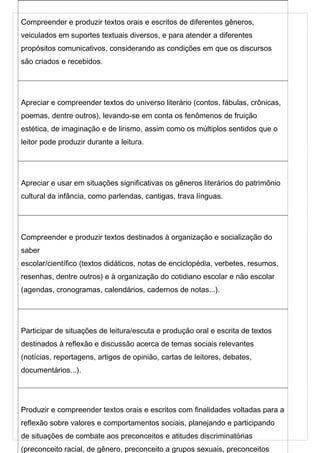 Compreender e produzir textos orais e escritos de diferentes gêneros,
veiculados em suportes textuais diversos, e para atender a diferentes
propósitos comunicativos, considerando as condições em que os discursos
são criados e recebidos.

Apreciar e compreender textos do universo literário (contos, fábulas, crônicas,
poemas, dentre outros), levando-se em conta os fenômenos de fruição
estética, de imaginação e de lirismo, assim como os múltiplos sentidos que o
leitor pode produzir durante a leitura.

Apreciar e usar em situações significativas os gêneros literários do patrimônio
cultural da infância, como parlendas, cantigas, trava línguas.

Compreender e produzir textos destinados à organização e socialização do
saber
escolar/científico (textos didáticos, notas de enciclopédia, verbetes, resumos,
resenhas, dentre outros) e à organização do cotidiano escolar e não escolar
(agendas, cronogramas, calendários, cadernos de notas...).

Participar de situações de leitura/escuta e produção oral e escrita de textos
destinados à reflexão e discussão acerca de temas sociais relevantes
(notícias, reportagens, artigos de opinião, cartas de leitores, debates,
documentários...).

Produzir e compreender textos orais e escritos com finalidades voltadas para a
reflexão sobre valores e comportamentos sociais, planejando e participando
de situações de combate aos preconceitos e atitudes discriminatórias
(preconceito racial, de gênero, preconceito a grupos sexuais, preconceitos

 