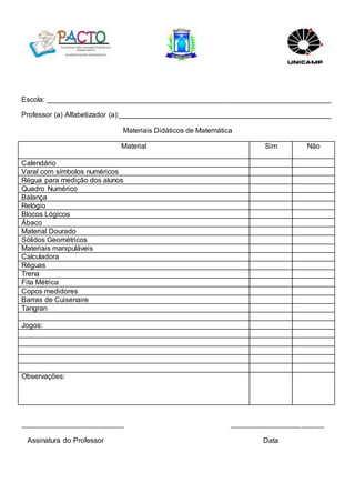 Escola: _______________________________________________________________________ 
Professor (a) Alfabetizador (a):_____________________________________________________ 
Materiais Didáticos de Matemática 
Material 
Sim Não 
Calendário 
Varal com símbolos numéricos 
Régua para medição dos alunos 
Quadro Numérico 
Balança 
Relógio 
Blocos Lógicos 
Ábaco 
Material Dourado 
Sólidos Geométricos 
Materiais manipuláveis 
Calculadora 
Réguas 
Trena 
Fita Métrica 
Copos medidores 
Barras de Cuisenaire 
Tangran 
Jogos: 
Observações: 
________________________________ _____________________________ 
Assinatura do Professor Data 
 