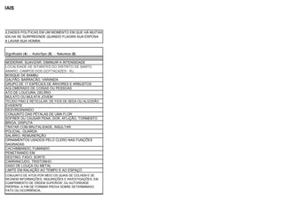 Significado (4) - Autor/tipo (5) - Natureza (6)
MODERAR, SUAVIZAR, DIMINUIR A INTENSIDADE
BOSQUE DE BAMBU
GALPÃO, BARRACÃO, VARANDA
GRUPO DE 17 ESPÉCIES DE ÁRVORES E ARBUSTOS
AGLOMERADO DE COISAS OU PESSOAS
ATO DE LOUCURA, DELÍRIO
MULATO OU MULATA JOVEM
TECIDO FINO E RETICULAR, DE FIOS DE SEDA OU ALGODÃO
EVIDENTE
DESVIRGINANDO
CONJUNTO DAS PÉTALAS DE UMA FLOR
SOFRER OU CAUSAR PENA, DOR, AFLIÇÃO, TORMENTO
BRIGA, DISPUTA
TRATAR COM BRUTALIDADE, INSULTAR
POLICIAL, GUARDA
SALÁRIO, REMUNERÇÃO
CACHIMBANDO, FUMANDO
PENETRANDO EM
DESTINO, FADO, SORTE
CARRANCUDO, TRISTONHO
VASO DE LOUÇA OU METAL
LIMITE EM RALAÇÃO AO TEMPO E AO ESPAÇO
FICULDADES POLÍTICAS EM UM MOMENTO EM QUE HÁ MUITAS
O PADILHA SE SURPREENDE QUANDO FLAGRA SUA ESPOSA
PARA LAVAR SUA HONRA.
TUAIS
LOCALIDADE DE SITIANTES DO DISTRITO DE SANTO
AMARO, CAMPOS DOS GOYTACAZES - RJ.
ORNAMENTOS USADOS PELO CLERO NAS FUNÇÕES
SAGRADAS
CONJUNTO DE ATOS POR MEIO OS QUAIS SE COLHEM E SE
REÚNEM INFORMAÇÕES, INQUIRIÇÕES E INVESTIGAÇÕES, EM
CUMPRIMENTO DE ORDEM SUPERIOR, OU AUTORIDADE
PRÓPRIA, A FIM DE FORMAR PROVA SOBRE DETERMINADO
FATO OU OCORRÊNCIA.
 