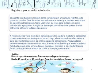 18 
Registre o processo dos estudantes 
Enquanto os estudantes relatam como completaram um cálculo, registre cada 
passo no quadro. Evite formatos verticais como aqueles que tendem a encorajar 
os algoritmos tradicionais. Tente usar setas ou retas para indicar como dois 
cálculos são agrupados. A noção de decompor um número em partes é uma 
estratégia útil para todas as operações. 
A reta numérica vazia é um bom caminho para lhe ajudar a modelar e apresentar 
o pensamento de um aluno para a turma. Logo, ela se tornará uma ferramenta 
para os estudantes usarem ao criar seu próprio pensamento. Pesquisadores 
descobriram que a reta numérica vazia é muito mais flexível que a reta numérica 
habitual porque pode ser usada com quaisquer números e os estudantes não 
ficam confusos com as marcas de traços e os espaços entre elas. 
Reflita: 
Duas tropas de escoteiros fizeram uma viagem de campo. 
Havia 46 meninas e 38 meninos. Quantos escoteiros fizeram a viagem? 
 