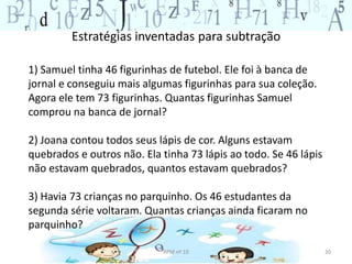 Estratégias inventadas para subtração 
20 
1) Samuel tinha 46 figurinhas de futebol. Ele foi à banca de 
jornal e conseguiu mais algumas figurinhas para sua coleção. 
Agora ele tem 73 figurinhas. Quantas figurinhas Samuel 
comprou na banca de jornal? 
2) Joana contou todos seus lápis de cor. Alguns estavam 
quebrados e outros não. Ela tinha 73 lápis ao todo. Se 46 lápis 
não estavam quebrados, quantos estavam quebrados? 
3) Havia 73 crianças no parquinho. Os 46 estudantes da 
segunda série voltaram. Quantas crianças ainda ficaram no 
parquinho? 
RPM nº 10 
 