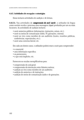 QUADRO EUROPEU COMUM DE REFERÊNCIA PARA AS LÍNGUAS

4.4.2. Actividades de recepção e estratégias

Estas incluem actividades de audição e de leitura.
4.4.2.1. Nas actividades de compreensão do oral (ouvir), o utilizador da língua
como ouvinte recebe e processa uma mensagem (input) produzida por um ou mais
locutores. As actividades de audição incluem:
• ouvir anúncios públicos (informações, instruções, avisos, etc.);
• ouvir os meios de comunicação (rádio, TV, gravações, cinema);
• ouvir ao vivo como membro de um auditório (teatro, reuniões públicas,
conferências, espectáculos, etc.);
• ouvir uma conversa lateral, etc.
Em cada um destes casos, o utilizador poderá estar a ouvir para compreender:
• o essencial;
• uma informação específica;
• os pormenores;
• o que está implícito, etc.
Fornecem-se escalas exemplificativas para:
• compreensão do oral geral;
• compreensão da interacção entre falantes nativos;
• audição ao vivo como membro de um auditório;
• audição de anúncios e de instruções;
• audição de meios de comunicação áudio e de gravações.

102

 