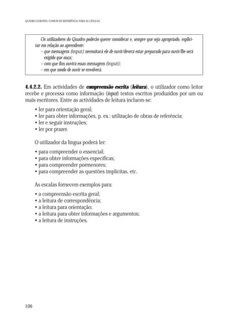 QUADRO EUROPEU COMUM DE REFERÊNCIA PARA AS LÍNGUAS

Os utilizadores do Quadro poderão querer considerar e, sempre que seja apropriado, explicitar em relação ao aprendente:
– que mensagens (input) necessitará ele de ouvir/deverá estar preparado para ouvir/lhe será
exigido que ouça;
– com que fins ouvirá essas mensagens (input);
– em que modo de ouvir se envolverá.

4.4.2.2. Em actividades de compreensão escrita (leitura), o utilizador como leitor
recebe e processa como informação (input) textos escritos produzidos por um ou
mais escritores. Entre as actividades de leitura incluem-se:
• ler para orientação geral;
• ler para obter informações, p. ex.: utilização de obras de referência;
• ler e seguir instruções;
• ler por prazer.
O utilizador da língua poderá ler:
• para compreender o essencial;
• para obter informações específicas;
• para compreender pormenores;
• para compreender as questões implícitas, etc.
As escalas fornecem exemplos para:
• a compreensão escrita geral;
• a leitura de correspondência;
• a leitura para orientação;
• a leitura para obter informações e argumentos;
• a leitura de instruções.

106

 