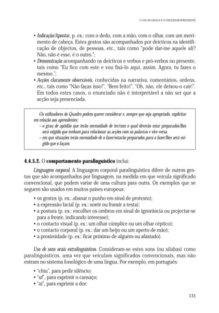 O USO DA LÍNGUA E O UTILIZADOR/APRENDENTE

• Indicação/Apontar, p. ex.: com o dedo, com a mão, com o olhar, com um movimento de cabeça. Estes gestos são acompanhados por deícticos na identificação de objectos, de pessoas, etc., tais como “pode dar-me aquele ali?
Não, não é esse, é o outro.”;
• Demonstração acompanhando os deícticos e verbos e pró-verbos no presente,
tais como “Eu fico com este e vou fixá-lo aqui, assim. Agora, tu fazes o
mesmo.”;
• Acções claramente observáveis, conhecidas na narrativa, comentários, ordens,
etc., tais como “Não faças isso!”, “Bem feito!”, “Oh, não, ele deixou-o cair!”.
Em todos estes casos, o enunciado não é interpretável a não ser que a
acção seja presenciada.
Os utilizadores do Quadro podem querer considerar e, sempre que seja apropriado, explicitar
em relação aos aprendentes:
– o grau de aptidão que terão necessidade de ter/com o qual deverão estar preparados/lhes
será exigido que tenham para relacionar as acções com as palavras e vice-versa.
– em que situações terão necessidade de o fazer/estarão preparados para o fazer/lhes será exigido que o façam.

4.4.5.2. O comportamento paralinguístico inclui:
Linguagem corporal. A linguagem corporal paralinguística difere de outros gestos que são acompanhados por linguagem, na medida em que veicula significado
convencional, que podem variar de uma cultura para outra. Os exemplos que se
seguem são usados em muitos países europeus:
• os gestos (p. ex.: abanar o punho em sinal de protesto);
• a expressão facial (p. ex.: sorrir ou franzir a testa);
• a postura (p. ex.: encolher os ombros em sinal de ignorância ou projectar-se
para a frente, indicando interesse);
• o contacto visual (p. ex.: um olhar cúmplice ou um olhar céptico);
• o contacto corporal (p. ex.: dar um beijo ou um aperto de mão);
• a proximidade (p. ex.: ficar próximo de alguém ou afastado).
Uso de sons orais extralinguísticos. Consideram-se estes sons (ou sílabas) como
paralinguísticos, uma vez que veiculam significados convencionais, mas não
entram no sistema fonológico de uma língua. Por exemplo, em português:
• “chiu”, para pedir silêncio;
• “uf”, para exprimir o cansaço;
• “ai”, para exprimir a dor;
131

 