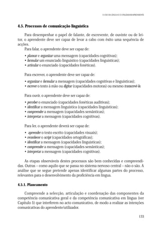 O USO DA LÍNGUA E O UTILIZADOR/APRENDENTE

4.5. Processos de comunicação linguística
Para desempenhar o papel de falante, de escrevente, de ouvinte ou de leitor, o aprendente deve ser capaz de levar a cabo com êxito uma sequência de
acções.
Para falar, o aprendente deve ser capaz de:
• planear e organizar uma mensagem (capacidades cognitivas);
• formular um enunciado linguístico (capacidades linguísticas);
• articular o enunciado (capacidades fonéticas).
Para escrever, o aprendente deve ser capaz de:
• organizar e formular a mensagem (capacidades cognitivas e linguísticas);
• escrever o texto à mão ou digitar (capacidades motoras) ou mesmo transcrevê-lo.
Para ouvir, o aprendente deve ser capaz de:
• perceber o enunciado (capacidades fonéticas auditivas);
• identificar a mensagem linguística (capacidades linguísticas);
• compreender a mensagem (capacidades semânticas);
• interpretar a mensagem (capacidades cognitivas).
Para ler, o aprendente deverá ser capaz de:
• apreender o texto escrito (capacidades visuais);
• reconhecer o script (capacidades ortográficas);
• identificar a mensagem (capacidades linguísticas);
• compreender a mensagem (capacidades semânticas);
• interpretar a mensagem (capacidades cognitivas).
As etapas observáveis destes processos são bem conhecidas e compreendidas. Outras – como aquilo que se passa no sistema nervoso central – não o são. A
análise que se segue pretende apenas identificar algumas partes do processo,
relevantes para o desenvolvimento da proficiência em língua.
4.5.1. Planeamento

Compreende a selecção, articulação e coordenação das componentes da
competência comunicativa geral e da competência comunicativa em língua (ver
Capítulo 5) que interferem no acto comunicativo, de modo a realizar as intenções
comunicativas do aprendente/utilizador.
133

 