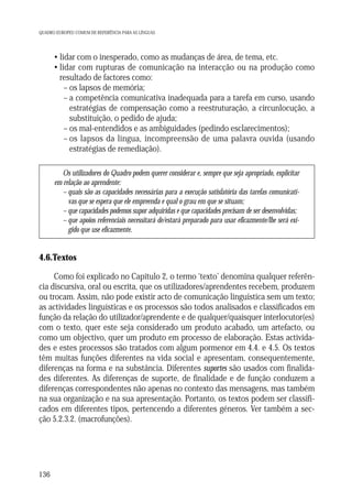 QUADRO EUROPEU COMUM DE REFERÊNCIA PARA AS LÍNGUAS

• lidar com o inesperado, como as mudanças de área, de tema, etc.
• lidar com rupturas de comunicação na interacção ou na produção como
resultado de factores como:
– os lapsos de memória;
– a competência comunicativa inadequada para a tarefa em curso, usando
estratégias de compensação como a reestruturação, a circunlocução, a
substituição, o pedido de ajuda;
– os mal-entendidos e as ambiguidades (pedindo esclarecimentos);
– os lapsos da língua, incompreensão de uma palavra ouvida (usando
estratégias de remediação).
Os utilizadores do Quadro podem querer considerar e, sempre que seja apropriado, explicitar
em relação ao aprendente:
– quais são as capacidades necessárias para a execução satisfatória das tarefas comunicativas que se espera que ele empreenda e qual o grau em que se situam;
– que capacidades podemos supor adquiridas e que capacidades precisam de ser desenvolvidas;
– que apoios referenciais necessitará de/estará preparado para usar eficazmente/lhe será exigido que use eficazmente.

4.6.Textos
Como foi explicado no Capítulo 2, o termo ‘texto’ denomina qualquer referência discursiva, oral ou escrita, que os utilizadores/aprendentes recebem, produzem
ou trocam. Assim, não pode existir acto de comunicação linguística sem um texto;
as actividades linguísticas e os processos são todos analisados e classificados em
função da relação do utilizador/aprendente e de qualquer/quaisquer interlocutor(es)
com o texto, quer este seja considerado um produto acabado, um artefacto, ou
como um objectivo, quer um produto em processo de elaboração. Estas actividades e estes processos são tratados com algum pormenor em 4.4. e 4.5. Os textos
têm muitas funções diferentes na vida social e apresentam, consequentemente,
diferenças na forma e na substância. Diferentes suportes são usados com finalidades diferentes. As diferenças de suporte, de finalidade e de função conduzem a
diferenças correspondentes não apenas no contexto das mensagens, mas também
na sua organização e na sua apresentação. Portanto, os textos podem ser classificados em diferentes tipos, pertencendo a diferentes géneros. Ver também a secção 5.2.3.2. (macrofunções).

136

 