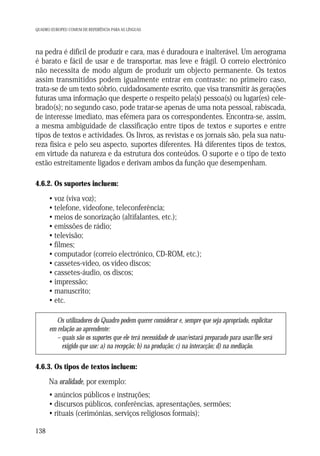 QUADRO EUROPEU COMUM DE REFERÊNCIA PARA AS LÍNGUAS

na pedra é difícil de produzir e cara, mas é duradoura e inalterável. Um aerograma
é barato e fácil de usar e de transportar, mas leve e frágil. O correio electrónico
não necessita de modo algum de produzir um objecto permanente. Os textos
assim transmitidos podem igualmente entrar em contraste: no primeiro caso,
trata-se de um texto sóbrio, cuidadosamente escrito, que visa transmitir às gerações
futuras uma informação que desperte o respeito pela(s) pessoa(s) ou lugar(es) celebrado(s); no segundo caso, pode tratar-se apenas de uma nota pessoal, rabiscada,
de interesse imediato, mas efémera para os correspondentes. Encontra-se, assim,
a mesma ambiguidade de classificação entre tipos de textos e suportes e entre
tipos de textos e actividades. Os livros, as revistas e os jornais são, pela sua natureza física e pelo seu aspecto, suportes diferentes. Há diferentes tipos de textos,
em virtude da natureza e da estrutura dos conteúdos. O suporte e o tipo de texto
estão estreitamente ligados e derivam ambos da função que desempenham.
4.6.2. Os suportes incluem:

• voz (viva voz);
• telefone, videofone, teleconferência;
• meios de sonorização (altifalantes, etc.);
• emissões de rádio;
• televisão;
• filmes;
• computador (correio electrónico, CD-ROM, etc.);
• cassetes-vídeo, os vídeo discos;
• cassetes-áudio, os discos;
• impressão;
• manuscrito;
• etc.
Os utilizadores do Quadro podem querer considerar e, sempre que seja apropriado, explicitar
em relação ao aprendente:
– quais são os suportes que ele terá necessidade de usar/estará preparado para usar/lhe será
exigido que use: a) na recepção; b) na produção; c) na interacção; d) na mediação.

4.6.3. Os tipos de textos incluem:

Na oralidade, por exemplo:
• anúncios públicos e instruções;
• discursos públicos, conferências, apresentações, sermões;
• rituais (cerimónias, serviços religiosos formais);
138

 