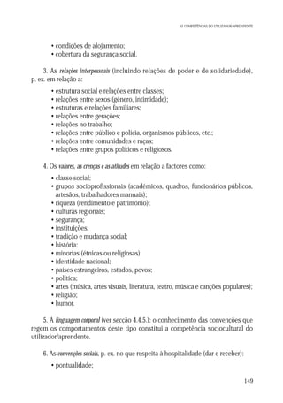 AS COMPETÊNCIAS DO UTILIZADOR/APRENDENTE

• condições de alojamento;
• cobertura da segurança social.
3. As relações interpessoais (incluindo relações de poder e de solidariedade),
p. ex. em relação a:
• estrutura social e relações entre classes;
• relações entre sexos (género, intimidade);
• estruturas e relações familiares;
• relações entre gerações;
• relações no trabalho;
• relações entre público e polícia, organismos públicos, etc.;
• relações entre comunidades e raças;
• relações entre grupos políticos e religiosos.
4. Os valores, as crenças e as atitudes em relação a factores como:
• classe social;
• grupos socioprofissionais (académicos, quadros, funcionários públicos,
artesãos, trabalhadores manuais);
• riqueza (rendimento e património);
• culturas regionais;
• segurança;
• instituições;
• tradição e mudança social;
• história;
• minorias (étnicas ou religiosas);
• identidade nacional;
• países estrangeiros, estados, povos;
• política;
• artes (música, artes visuais, literatura, teatro, música e canções populares);
• religião;
• humor.
5. A linguagem corporal (ver secção 4.4.5.): o conhecimento das convenções que
regem os comportamentos deste tipo constitui a competência sociocultural do
utilizador/aprendente.
6. As convenções sociais, p. ex. no que respeita à hospitalidade (dar e receber):
• pontualidade;
149

 