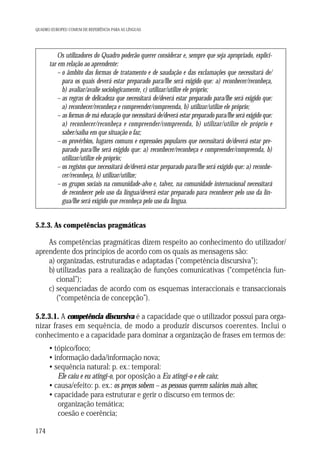 QUADRO EUROPEU COMUM DE REFERÊNCIA PARA AS LÍNGUAS

Os utilizadores do Quadro poderão querer considerar e, sempre que seja apropriado, explicitar em relação ao aprendente:
– o âmbito das formas de tratamento e de saudação e das exclamações que necessitará de/
para os quais deverá estar preparado para/lhe será exigido que: a) reconhecer/reconheça,
b) avaliar/avalie sociologicamente, c) utilizar/utilize ele próprio;
– as regras de delicadeza que necessitará de/deverá estar preparado para/lhe será exigido que:
a) reconhecer/reconheça e compreender/compreenda, b) utilizar/utilize ele próprio;
– as formas de má educação que necessitará de/deverá estar preparado para/lhe será exigido que:
a) reconhecer/reconheça e compreender/compreenda, b) utilizar/utilize ele próprio e
saber/saiba em que situação o faz;
– os provérbios, lugares comuns e expressões populares que necessitará de/deverá estar preparado para/lhe será exigido que: a) reconhecer/reconheça e compreender/compreenda, b)
utilizar/utilize ele próprio;
– os registos que necessitará de/deverá estar preparado para/lhe será exigido que: a) reconhecer/reconheça, b) utilizar/utilize;
– os grupos sociais na comunidade-alvo e, talvez, na comunidade internacional necessitará
de reconhecer pelo uso da língua/deverá estar preparado para reconhecer pelo uso da língua/lhe será exigido que reconheça pelo uso da língua.

5.2.3. As competências pragmáticas

As competências pragmáticas dizem respeito ao conhecimento do utilizador/
aprendente dos princípios de acordo com os quais as mensagens são:
a) organizadas, estruturadas e adaptadas (“competência discursiva”);
b) utilizadas para a realização de funções comunicativas (“competência funcional”);
c) sequenciadas de acordo com os esquemas interaccionais e transaccionais
(“competência de concepção”).
5.2.3.1. A competência discursiva é a capacidade que o utilizador possui para organizar frases em sequência, de modo a produzir discursos coerentes. Inclui o
conhecimento e a capacidade para dominar a organização de frases em termos de:
• tópico/foco;
• informação dada/informação nova;
• sequência natural: p. ex.: temporal:
Ele caiu e eu atingi-o, por oposição a Eu atingi-o e ele caiu;
• causa/efeito: p. ex.: os preços sobem – as pessoas querem salários mais altos;
• capacidade para estruturar e gerir o discurso em termos de:
organização temática;
coesão e coerência;
174

 