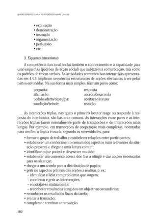 QUADRO EUROPEU COMUM DE REFERÊNCIA PARA AS LÍNGUAS

• explicação
• demonstração
• instrução
• argumentação
• persuasão
• etc.
3. Esquemas interaccionais
A competência funcional inclui também o conhecimento e a capacidade para
usar esquemas (padrões de acção social) que subjazem à comunicação, tais como
os padrões de trocas verbais. As actividades comunicativas interactivas apresentadas em 4.4.3. implicam sequências estruturadas de acções efectuadas à vez pelas
partes envolvidas. Na sua forma mais simples, formam pares como:
pergunta:
afirmação:
pedido/oferta/desculpa:
saudação/brinde:

resposta
acordo/desacordo
aceitação/recusa
reacção

As interacções triplas, nas quais o primeiro locutor reage ou responde à resposta do interlocutor, são bastante comuns. As interacções entre pares e as interacções triplas fazem normalmente parte de transacções e de interacções mais
longas. Por exemplo, em transacções de cooperação mais complexas, orientadas
para um fim, a língua é usada, segundo as necessidades, para:
• formar o grupo de trabalho e estabelecer relações entre participantes;
• estabelecer um conhecimento comum dos aspectos mais relevantes da situação presente e chegar a uma leitura comum;
• identificar o que poderá e deverá ser mudado;
• estabelecer um consenso acerca dos fins a atingir e das acções necessárias
para os alcançar;
• chegar a um acordo para a distribuição de papéis;
• gerir os aspectos práticos das acções a realizar, p. ex.:
– identificar e lidar com problemas que surgem;
– coordenar e gerir as intervenções;
– encorajar-se mutuamente;
– reconhecer resultados atingidos em objectivos secundários;
• reconhecer os resultados finais da tarefa;
• avaliar a transação;
• completar e terminar a transacção.
180

 
