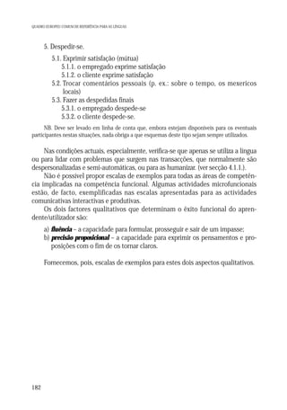 QUADRO EUROPEU COMUM DE REFERÊNCIA PARA AS LÍNGUAS

5. Despedir-se.
5.1. Exprimir satisfação (mútua)
5.1.1. o empregado exprime satisfação
5.1.2. o cliente exprime satisfação
5.2. Trocar comentários pessoais (p. ex.: sobre o tempo, os mexericos
locais)
5.3. Fazer as despedidas finais
5.3.1. o empregado despede-se
5.3.2. o cliente despede-se.
NB. Deve ser levado em linha de conta que, embora estejam disponíveis para os eventuais
participantes nestas situações, nada obriga a que esquemas deste tipo sejam sempre utilizados.

Nas condições actuais, especialmente, verifica-se que apenas se utiliza a língua
ou para lidar com problemas que surgem nas transacções, que normalmente são
despersonalizadas e semi-automáticas, ou para as humanizar. (ver secção 4.1.1.).
Não é possível propor escalas de exemplos para todas as áreas de competência implicadas na competência funcional. Algumas actividades microfuncionais
estão, de facto, exemplificadas nas escalas apresentadas para as actividades
comunicativas interactivas e produtivas.
Os dois factores qualitativos que determinam o êxito funcional do aprendente/utilizador são:
a) fluência – a capacidade para formular, prosseguir e sair de um impasse;
b) precisão proposicional – a capacidade para exprimir os pensamentos e proposições com o fim de os tornar claros.
Fornecemos, pois, escalas de exemplos para estes dois aspectos qualitativos.

182

 