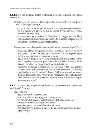 QUADRO EUROPEU COMUM DE REFERÊNCIA PARA AS LÍNGUAS

6.4.3.2. Até que ponto os textos escritos ou orais, apresentados aos alunos,
devem ser:
a) ‘autênticos’, ou seja, produzidos para fins comunicativos e não para o
ensino da língua, como p. ex.:
– textos autênticos não modificados que o aprendente encontra no decurso
da sua experiência directa de uso da língua (jornais diários, revistas,
emissões de rádio, etc.);
– textos autênticos seleccionados, classificados por grau de dificuldade
e/ou parcialmente modificados, de modo a ter em conta a experiência, os
interesses e as características do aprendente.
b) concebidos especificamente como material para o ensino da língua? P. ex.:
– textos concebidos para parecerem textos autênticos como em (ii) acima
mencionado (p. ex.: materiais de compreensão do oral especialmente
escritos para este fim e gravados por actores);
– textos elaborados para apresentarem exemplos contextualizados do conteúdo linguístico a ensinar (p. ex.: numa dada unidade do curso), frases
isoladas para fazer exercícios (fonéticos, gramaticais, etc.);
– instruções no manual e explicações, etc., itens dos testes e dos exames,
a língua usada pelo professor na sala de aula (instruções, explicações,
organização da sala de aula, etc.). Pode considerar-se estes últimos como
tipos de textos especiais. Será que são ‘amigáveis’ para o aprendente?
Que atenção é dada ao conteúdo, à formulação e à apresentação para
garantir que o sejam?
6.4.3.3. Até que ponto os aprendentes devem não só processar, mas também produzir textos? Pode ser:
a) na oralidade:
– textos escritos lidos em voz alta;
– respostas orais para as perguntas dos exercícios;
– reprodução de textos memorizados (peças de teatro, poemas, etc.);
– exercícios em trabalho de par ou de grupo;
– participação nas discussões formais e informais;
– conversação livre (na sala de aula ou durante as trocas entre os alunos);
– apresentações;

204

 