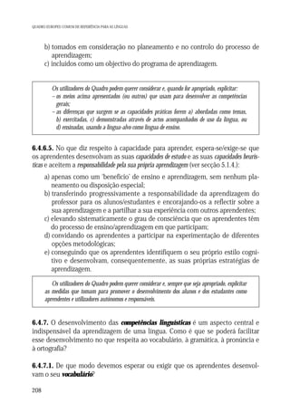 QUADRO EUROPEU COMUM DE REFERÊNCIA PARA AS LÍNGUAS

b) tomados em consideração no planeamento e no controlo do processo de
aprendizagem;
c) incluídos como um objectivo do programa de aprendizagem.

Os utilizadores do Quadro podem querer considerar e, quando for apropriado, explicitar:
– os meios acima apresentados (ou outros) que usam para desenvolver as competências
gerais;
– as diferenças que surgem se as capacidades práticas forem a) abordadas como temas,
b) exercitadas, c) demonstradas através de actos acompanhados de uso da língua, ou
d) ensinadas, usando a língua-alvo como língua de ensino.

6.4.6.5. No que diz respeito à capacidade para aprender, espera-se/exige-se que
os aprendentes desenvolvam as suas capacidades de estudo e as suas capacidades heurísticas e aceitem a responsabilidade pela sua própria aprendizagem (ver secção 5.1.4.):
a) apenas como um ‘benefício’ de ensino e aprendizagem, sem nenhum planeamento ou disposição especial;
b) transferindo progressivamente a responsabilidade da aprendizagem do
professor para os alunos/estudantes e encorajando-os a reflectir sobre a
sua aprendizagem e a partilhar a sua experiência com outros aprendentes;
c) elevando sistematicamente o grau de consciência que os aprendentes têm
do processo de ensino/aprendizagem em que participam;
d) convidando os aprendentes a participar na experimentação de diferentes
opções metodológicas;
e) conseguindo que os aprendentes identifiquem o seu próprio estilo cognitivo e desenvolvam, consequentemente, as suas próprias estratégias de
aprendizagem.
Os utilizadores do Quadro podem querer considerar e, sempre que seja apropriado, explicitar
as medidas que tomam para promover o desenvolvimento dos alunos e dos estudantes como
aprendentes e utilizadores autónomos e responsáveis.

6.4.7. O desenvolvimento das competências linguísticas é um aspecto central e
indispensável da aprendizagem de uma língua. Como é que se poderá facilitar
esse desenvolvimento no que respeita ao vocabulário, à gramática, à pronúncia e
à ortografia?
6.4.7.1. De que modo devemos esperar ou exigir que os aprendentes desenvolvam o seu vocabulário?
208

 