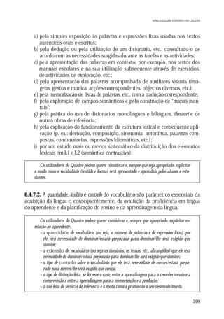 APRENDIZAGEM E ENSINO DAS LÍNGUAS

a) pela simples exposição às palavras e expressões fixas usadas nos textos
autênticos orais e escritos;
b) pela dedução ou pela utilização de um dicionário, etc., consultado-o de
acordo com as necessidades surgidas durante as tarefas e as actividades;
c) pela apresentação das palavras em contexto, por exemplo, nos textos dos
manuais escolares e na sua utilização subsequente através de exercícios,
de actividades de exploração, etc.;
d) pela apresentação das palavras acompanhada de auxiliares visuais (imagens, gestos e mímica, acções correspondentes, objectos diversos, etc.);
e) pela memorização de listas de palavras, etc., com a tradução correspondente;
f) pela exploração de campos semânticos e pela construção de “mapas mentais”;
g) pela prática do uso de dicionários monolingues e bilingues, thesauri e de
outras obras de referência;
h) pela explicação do funcionamento da estrutura lexical e consequente aplicação (p. ex.: derivação, composição, sinonímia, antonímia, palavras compostas, combinatórias, expressões idiomáticas, etc.);
i) por um estudo mais ou menos sistemático da distribuição dos elementos
lexicais em L1 e L2 (semântica contrastiva).
Os utilizadores do Quadro podem querer considerar e, sempre que seja apropriado, explicitar
o modo como o vocabulário (sentido e forma) será apresentado e aprendido pelos alunos e estudantes.

6.4.7.2. A quantidade, âmbito e controlo do vocabulário são parâmetros essenciais da
aquisição da língua e, consequentemente, da avaliação da proficiência em língua
do aprendente e da planificação do ensino e da aprendizagem da língua.
Os utilizadores do Quadro podem querer considerar e, sempre que apropriado, explicitar em
relação ao aprendente:
– a quantidade de vocabulário (ou seja, o número de palavras e de expressões fixas) que
ele terá necessidade de dominar/estará preparado para dominar/lhe será exigido que
domine;
– a extensão de vocabulário (ou seja os domínios, os temas, etc., abrangidos) que ele terá
necessidade de dominar/estará preparado para dominar/lhe será exigido que domine;
– o tipo de controlo sobre o vocabulário que ele terá necessidade de exercer/estará preparado para exercer/lhe será exigido que exerça;
– o tipo de distinção feita, se for esse o caso, entre a aprendizagem para o reconhecimento e a
compreensão e entre a aprendizagem para a memorização e a produção;
– o uso feito de técnicas de inferência e o modo como é promovido o seu desenvolvimento.
209

 