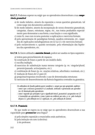 QUADRO EUROPEU COMUM DE REFERÊNCIA PARA AS LÍNGUAS

6.4.7.7. Podemos esperar ou exigir que os aprendentes desenvolvam a sua competência gramatical:
a) de modo indutivo, através da exposição a novas questões gramaticais, tal
como surge nos documentos autênticos;
b) de modo indutivo, através da incorporação de novos elementos gramaticais,
categorias, classes, estruturas, regras, etc., nos textos produzidos especialmente para demonstrar a sua forma, a sua função e o seu significado;
c) como b), mas com recurso posterior a explicações e exercícios formais;
d) pela apresentação de paradigmas formais, quadros estruturais, etc., seguidos de explicações metalinguísticas em L2 ou L1 e de exercícios formais;
e) pelo esclarecimento e, quando necessário, pela reformulação das hipóteses dos aprendentes, etc.
6.4.7.8. Se forem utilizados exercícios formais, podem ser usados os tipos seguintes:
a) textos para preenchimento de espaços;
b) construção de frases a partir de um modelo dado;
c) escolha múltipla;
d) exercícios de substituição numa mesma categoria (p. ex.: singular/plural,
presente/passado, activa/passiva, etc.);
e) combinação de frases (p. ex.: orações relativas, adverbiais e nominais, etc.);
f) tradução de frases de L1 para L2;
g) perguntas/respostas envolvendo o uso de determinadas estruturas;
h) exercícios de desenvolvimento da fluência linguística centrados na gramática.
Os utilizadores do Quadro poderão querer considerar e, sempre que seja apropriado, explicitar:
– como é que a estrutura gramatical é a) analisada, ordenada e apresentada aos aprendentes e b) dominada pelos aprendentes;
– como e segundo que princípios é que o significado lexical, gramatical e pragmático em L2
é transmitido aos aprendentes e como é posto em evidência por estes, p. ex.: pela tradução
de/para L1; pela definição em L2, explicação, etc.; pela utilização de contexto.

6.4.7.9. Pronúncia
De que modo se espera ou se exige que os aprendentes desenvolvam a sua
capacidade para pronunciar uma língua?
a) pela simples exposição a enunciados orais autênticos;
b) pela imitação em coro (colectiva):
i) do professor;
212

 