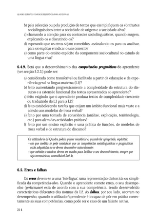 QUADRO EUROPEU COMUM DE REFERÊNCIA PARA AS LÍNGUAS

b) pela selecção ou pela produção de textos que exemplifiquem os contrastes
sociolinguísticos entre a sociedade de origem e a sociedade-alvo?
c) chamando a atenção para os contrastes sociolinguísticos, quando surgem,
explicando-os e discutindo-os?
d) esperando que os erros sejam cometidos, assinalando-os para os analisar,
para os explicar e indicar o uso correcto?
e) como parte do ensino explícito da componente sociocultural no estudo de
uma língua viva?
6.4.9. Será que o desenvolvimento das competências pragmáticas do aprendente
(ver secção 5.2.3.) pode ser:
a) considerado como transferível ou facilitado a partir da educação e da experiência geral na língua materna (L1)?
b) feito aumentando progressivamente a complexidade da estrutura do discurso e a extensão funcional dos textos apresentados ao aprendente?
c) feito exigindo que o aprendente produza textos de complexidade crescente
ou traduzindo da L1 para a L2?
d) feito estabelecendo tarefas que exijam um âmbito funcional mais vasto e a
adesão aos modelos de troca verbal?
e) feito por uma tomada de consciência (análise, explicação, terminologia,
etc.) para além das actividades práticas?
f) feito por um ensino explícito e uma prática de funções, de modelos de
troca verbal e de estrutura do discurso?
Os utilizadores do Quadro podem querer considerar e, quando for apropriado, explicitar:
– em que medida se pode considerar que as competências sociolinguísticas e pragmáticas
estão adquiridas ou se devem desenvolver naturalmente;
– que métodos e técnicas devem ser usados para facilitar o seu desenvolvimento, sempre que
seja necessário ou aconselhável fazê-lo.

6.5. Erros e falhas
Os erros devem-se a uma ‘interlíngua’, uma representação distorcida ou simplificada da competência-alvo. Quando o aprendente comete erros, o seu desempenho (performance) está de acordo com a sua competência, tendo desenvolvido
características diferentes das normas da L2. As falhas, por seu lado, ocorrem no
desempenho, quando o utilizador/aprendente é incapaz de pôr em prática correctamente as suas competências, como pode ser o caso de um falante nativo.
214

 