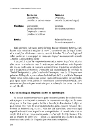 QUADRO EUROPEU COMUM DE REFERÊNCIA PARA AS LÍNGUAS

Interacção
(Espontânea,
tomadas de palavra curtas)
Oralidade:

Escrita:

Produção
(Preparada,
tomadas de palavra longas)

Conversação
Discussão informal
Cooperação orientada
para fins específicos

Descrição
da sua área académica

Relatório/descrição
da sua área académica

Para fazer uma elaboração pormenorizada das especificações da tarefa, o utilizador pode consultar as secções 4.1 sobre “O contexto do uso da língua” (domínios, condições e limitações, contexto mental), 4.6 sobre “Textos” e o Capítulo 7
sobre “As tarefas e o seu papel no ensino das línguas”, nomeadamente a secção
7.3 sobre “A dificuldade da tarefa”.
A secção 5.2. sobre “As competências comunicativas em língua” dará informações para a construção dos itens do teste ou para as fases de um teste de produção oral, de modo a pôr em evidência as competências linguísticas, sociolinguísticas e pragmáticas pertinentes. O conjunto das especificações de conteúdo no
Threshold Level produzido pelo Conselho da Europa para mais de 20 línguas europeias (ver Bibliografia apresentada no final do Capítulo 5), e nos Níveis Waystage e
Vantage para o Inglês, sem contar os seus equivalentes produzidos para outras línguas e para outros níveis, podem ser considerados complementos do QECR. Apresentam exemplos mais pormenorizados para a elaboração dos testes nos Níveis
A1, A2, B1 e B2.
9.2.2. Os critérios para atingir um objectivo de aprendizagem

As escalas podem fornecer dados para o desenvolvimento de escalas de classificação para a avaliação da consecução de um determinado objectivo de aprendizagem e os descritores podem facilitar a formulação dos critérios. O objectivo
pode ser um nível vasto da proficiência linguística geral, expresso como um Nível
Comum de Referência (p. ex.: B1). Pode ser, por outro lado, uma constelação
específica de actividades, capacidades e competências, tal como foi discutido na
secção 6.1.4. sobre as competências parciais e a “Variação de Objectivos em Relação ao Quadro de Referência” – poder-se-á apresentar um objectivo modular
deste tipo numa grelha de categorias por níveis como no Quadro 2.
246

 