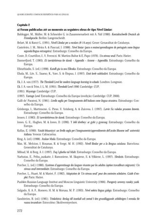 QUADRO EUROPEU COMUM DE REFERÊNCIA PARA AS LÍNGUAS

Capítulo 2
a) Foram publicadas até ao momento as seguintes obras de tipo Nível Limiar:
Baldegger, M., Müller, M. & Schneider G. in Zusammenarbeit mit A. Näf (1980). Kontaktschwelle Deutsch als
Fremdsprache. Berlim: Langenscheidt.
Belart, M. & Rancé L. (1991). Nivell Llindar per a escolars (8-14 anys). Gener: Genaralitat de Catalunya.
Casteleiro, J. M., Meira A. & Pascoal, J. (1988). Nível limiar (para o ensino/aprendizagem do português como língua
segunda/língua estrangeira). Estrasburgo: Conselho da Europa.
Coste, D. Courtillon, J., V. Ferenczi, M. Martins-Baltar & E. Papo (1976). Un niveau-seuil. Paris: Hatier.
Dannerfjord, T. (1983). Et taerskelniveau for dansk – Appendix – Annexe – Appendiks. Estrasburgo: Conselho da
Europa.
Efstathiadis, S. (ed.) (1998). Katofli gia ta nea Ellenika. Estrasburgo: Conselho da Europa.
Ehala, M., Liiv, S., Saarso, K., Vare, S. & Öispuu, J. (1997). Eesti keele suhtluslävi. Estrasburgo: Conselho da
Europa.
Ek, J. A. van (1977). The Threshold Level for modern language learning in schools. Londres: Longman.
Ek, J. A. van & Trim, J. L. M. (1991). Threshold Level 1990. Cambridge: CUP.
(1991). Waystage. Cambridge: CUP.
(1997). Vantage Level. Estrasburgo: Conselho da Europa (reedição: Cambridge: CUP, 2000).
Galli de' Paratesi, N. (1981). Livello soglia per l'insegnamento dell'italiano come lingua straniera. Estrasburgo: Conselho da Europa.
Grinberga, I., Martinsone, G. Piese, V. Veisberg, A. & Zuicena, I. (1997). Latvie Su valodas prasmes limenis.
Estrasburgo: Conselho da Europa.
Jessen, J. (1983). Et tarerskelniveau for dansk. Estrasburgo: Conselho da Europa.
Jones, G. E., Hughes, M. & Jones, D. (1996). Y lefel drothwy: ar gyfer y gymraeg. Estrasburgo: Conselho da
Europa.
Kallas, E. (1990). Yatabi lebaaniyyi: un livello sogla per l'insegnamento/apprendimento dell'arabo libanese nell' universitá
italiana. Veneza: Cafoscarina.
King, A. (ed.) (1988). Atalase Maila. Estrasburgo: Conselho da Europa.
Mas, M., Melcion, J. Rosanas, R. & Vergé, M. H. (1992). Nivell llindar per a la llengua catalana. Barcelona:
Generalitat de Catalunya.
Mifsud, M. & Borg, A. J. (1997). Fuq l-ghatba tal-Malti. Estrasburgo: Conselho da Europa.
Narbutas, E., Pribu_auskaite, J. Ramoniene, M. Skapiene, S. & Vilkiene, L. (1997). Slenkstis. Estrasburgo:
Conselho da Europa.
Porcher, L. (ed.) (1980). Systèmes d'apprentissage des langues vivantes par les adultes (option travailleurs migrants): Un
niveau-seuil intermediaire. Estrasburgo: Conselho da Europa.
Porcher, L., Huart, M. & Mariet, F. (1982). Adaptation de ‘Un niveau-seuil’ pour des contextes scholaires. Guide d'emploi. Paris: Hatier.
Pushkin Russian Language Institut and Moscow Linguistic University (1966). Porogoviy uroveny russkiy yazik.
Estrasburgo: Conselho da Europa.
Salgado, X. A. F., Romero, H. M. & Moruxa, M. P. (1993). Nivel soleira lingua galega. Estrasburgo: Conselho
da Europa.
Sandström, B. (ed.) (1981). Tröskelnivå: förslag till innehåll och metod I den grundläggande utbildnigen I svenska för
vuxna invandrare. Estocolmo: Skolöverstyrelsen.

272

 