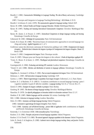QUADRO EUROPEU COMUM DE REFERÊNCIA PARA AS LÍNGUAS

Brumfit, C. (1984). Communicative Methodology in Language Teaching. The roles of fluency and accuracy. Cambridge:
CUP.
(1987). ‘Concepts and Categories in Language Teaching Methodology’. AILA Review, 4, 25-31.
Brumfit, C. & Johnson. K. (eds.) (1979). The communicative approach to language teaching. Oxford: OUP.
Byram, M. (1989). Cultural Studies and Foreign Language Education. Clevedon: Multilingual Matters.
Byram, M. (1997). Teaching and Assessing Intercultural Communicative Competence. Clevedon: Multilingual Matters.
Byram, M., Zarate, G. & Neuner, G. (1997). Sociocultural Competences in foreign language teaching and learning.
Estrasburgo: Conselho da Europa.
Callamand, M. (1981). Méthologie de la prononciation. Paris: CLE International.
Canale, M. & Swain, M. (1980). ‘Theoretical bases of communicative approaches to second language teaching and testing’. Applied Linguistics vol. 1, n. 1.
º
Conférence suisse des directeurs cantonaux de l’instruction publique (ed.) (1998). Enseignement des langues
étrangères – Recherche dans le domaine des langues et pratique de l'enseignement des langues étrangères. Dossier 52.
Berna: CDIP.
Cormon, F. (1992). L’enseignement des langues. Paris: Chronique sociale.
Coste, D. (1997). ‘Eduquer pour une Europe des langues et des cultures’. Etudes de linguistique appliquée 98.
*Coste, D., Moore. D. & Zarate, G. (1997). Plurilingual and pluricultural competence. Estrasburgo: Conselho da
Europa.
Cunningsworth, A. (1984). Evaluating and selecting EFL materials. Londres: Heinemann.
*Girard, D. (ed.) (1988). Selection and distribution of contents in language syllabuses. Estrasburgo: Conselho da
Europa.
Dalgallian, G., Lieutaud, S. & Weiss, F. (1981). Pour un nouvel enseignement des langues. Paris: CLE International.
Dickinson, L. (1987). Self-instruction in language leraning. Cambridge: CUP.
Gaotrac, L. (1987). Théorie d'apprentissage et acquisition d'une langue étrangère. Collection L. A. L. Paris: Hatier.
Gardner, R. C. & MacIntire, P. D. (1992-3). 'A students contribution to second language learning': parte I
'cognitive variables' & parte II 'affective variables'. Language teaching. Vol. 25, n.º 4 & vol. 26, n.º1.
Girard, D. (1995). Enseigner les langues: méthodes et pratiques. Paris: Bordas.
Grauberg, W. (1997). The elements of foreign language teaching. Clevedon: Multilingual Matters.
Hameline, D. (1979). Les objectifs pédagogiques en formation initiale et en formation continuée. Paris: E. S. F.
Hawkins, E. W. (1987). Modern languages and the curriculum. Ed. revista. Cambridge: CUP.
Hill, J. (1986). Litterature in language teaching. Londres: Macmillan.
Holec, H. (1981). Autonomy and foreign language learning. Oxford: Pergamon.
(1982). Autonomie et apprentissage des langues étrangères. Paris: Hatier.
*(ed.) (1988). Autonomy and self-directed learning : present fields of application (with contributions in English
and French). Estrasburgo: Conselho da Europa.
Komensky, J. A. (Comenius) (1658). Orbis sensualium pictus. Nuremberga.
Krashen, S. D. (1982). Principles and prectice of second language acquisition. Oxford: Pergamon.
Krashen, S. D. & Terrell, T. D. (1983). The natural approach: language acquisition in tha classroom. Oxford: Pergamon.
Little, D., Devitt, S. & Singleton, D. (1983). Authentic texts in foreign language teaching: theory and practice. Dublin:
Authentik.

276

 