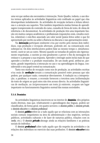 QUADRO EUROPEU COMUM DE REFERÊNCIA PARA AS LÍNGUAS

uma vez que ambos são necessários à interacção. Neste Quadro, todavia, o uso destes termos aplicados às actividades linguísticas está confinado ao papel que elas
desempenham isoladamente. As actividades de recepção incluem a leitura silenciosa e a atenção aos suportes. Têm também importância muitas formas de aprendizagem (compreensão do conteúdo do curso, consulta de livros de texto, de obras de
referência e de documentos). As actividades de produção têm uma importante função em muitos campos académicos e profissionais (exposições orais, estudos escritos, relatórios) e está-lhes associado um valor social (juízos feitos sobre o que foi
apresentado por escrito ou sobre a fluência no discurso e nas apresentações orais).
Na interacção participam oralmente e/ou por escrito pelo menos dois indivíduos, cuja produção e recepção alternam, podendo até, na comunicação oral,
sobrepor-se. Os dois interlocutores podem falar ao mesmo tempo e, simultaneamente, ouvir-se um ao outro. Mesmo quando as tomadas de palavra são rigorosamente respeitadas, o ouvinte já está geralmente a prever o fim da mensagem do
emissor e a preparar a sua resposta. Aprender a interagir assim inclui mais do que
aprender a receber e a produzir enunciados. De um modo geral, atribui-se, portanto, grande importância à interacção no uso e na aprendizagem da língua, considerando o seu papel central na comunicação.
Tanto nos modos de recepção como nos de produção, as actividades escritas
e/ou orais de mediação tornam a comunicação possível entre pessoas que não
podem, por qualquer razão, comunicar directamente. A tradução ou a interpretação, a paráfrase, o resumo, a recensão fornecem a terceiros uma (re)formulação
do texto de origem ao qual estes não têm acesso directo. As actividades linguísticas de mediação, ao (re)processarem um texto já existente, ocupam um lugar
importante no funcionamento linguístico normal das nossas sociedades.
2.1.4. Domínios

As actividades linguísticas inscrevem-se no interior de domínios, eles próprios
muito diversos, mas que, relativamente à aprendizagem das línguas, podem ser
classificados, de forma geral, em quatro sectores: o domínio público, o domínio privado,
o domínio educativo e o domínio profissional.
O domínio público refere-se a tudo aquilo que se relaciona com as interacções
sociais comuns (organismos na área da administração e dos negócios, serviços
públicos, actividades culturais e de lazer de natureza pública, relações com os
media, etc.). O domínio privado abrange ainda as relações familiares e as práticas
sociais do indivíduo.
O domínio profissional cobre tudo aquilo que diz respeito às actividades e às
relações dos indivíduos no exercício das suas profissões. O domínio educativo trata
36

 
