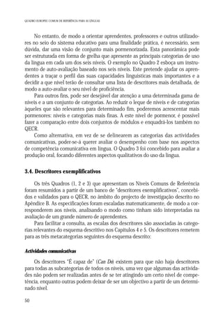 QUADRO EUROPEU COMUM DE REFERÊNCIA PARA AS LÍNGUAS

No entanto, de modo a orientar aprendentes, professores e outros utilizadores no seio do sistema educativo para uma finalidade prática, é necessário, sem
dúvida, dar uma visão de conjunto mais pormenorizada. Esta panorâmica pode
ser estruturada em forma de grelha que apresente as principais categorias de uso
da língua em cada um dos seis níveis. O exemplo no Quadro 2 esboça um instrumento de auto-avaliação baseado nos seis níveis. Este pretende ajudar os aprendentes a traçar o perfil das suas capacidades linguísticas mais importantes e a
decidir a que nível terão de consultar uma lista de descritores mais detalhada, de
modo a auto-avaliar o seu nível de proficiência.
Para outros fins, pode ser desejável dar atenção a uma determinada gama de
níveis e a um conjunto de categorias. Ao reduzir o leque de níveis e de categorias
àqueles que são relevantes para determinado fim, poderemos acrescentar mais
pormenores: níveis e categorias mais finas. A este nível de pormenor, é possível
fazer a comparação entre dois conjuntos de módulos e enquadrá-los também no
QECR.
Como alternativa, em vez de se delinearem as categorias das actividades
comunicativas, poder-se-á querer avaliar o desempenho com base nos aspectos
de competência comunicativa em língua. O Quadro 3 foi concebido para avaliar a
produção oral, focando diferentes aspectos qualitativos do uso da língua.

3.4. Descritores exemplificativos
Os três Quadros (1, 2 e 3) que apresentam os Níveis Comuns de Referência
foram resumidos a partir de um banco de “descritores exemplificativos”, concebidos e validados para o QECR, no âmbito do projecto de investigação descrito no
Apêndice B. As especificações foram escaladas matematicamente, de modo a corresponderem aos níveis, analisando o modo como tinham sido interpretadas na
avaliação de um grande número de aprendentes.
Para facilitar a consulta, as escalas dos descritores são associadas às categorias relevantes do esquema descritivo nos Capítulos 4 e 5. Os descritores remetem
para as três metacategorias seguintes do esquema descrito:
Actividades comunicativas

Os descritores “É capaz de” (Can Do) existem para que não haja descritores
para todas as subcategorias de todos os níveis, uma vez que algumas das actividades não podem ser realizadas antes de se ter atingindo um certo nível de competência, enquanto outras podem deixar de ser um objectivo a partir de um determinado nível.
50

 