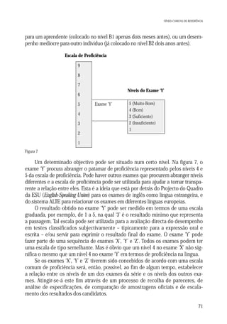 NÍVEIS COMUNS DE REFERÊNCIA

para um aprendente (colocado no nível B1 apenas dois meses antes), ou um desempenho medíocre para outro indivíduo (já colocado no nível B2 dois anos antes).
Escala de Proficiência
9
8
7
Níveis do Exame ‘Y’

6
5
4
3
2

Exame ‘Y’

5 (Muito Bom)
4 (Bom)
3 (Suficiente)
2 (Insuficiente)
1

1
Figura 7

Um determinado objectivo pode ser situado num certo nível. Na figura 7, o
exame ‘Y’ procura abranger o patamar de proficiência representado pelos níveis 4 e
5 da escala de proficiência. Pode haver outros exames que procurem abranger níveis
diferentes e a escala de proficiência pode ser utilizada para ajudar a tornar transparente a relação entre eles. Esta é a ideia que está por detrás do Projecto do Quadro
da ESU (English-Speaking Union) para os exames de inglês como língua estrangeira, e
do sistema ALTE para relacionar os exames em diferentes línguas europeias.
O resultado obtido no exame ‘Y’ pode ser medido em termos de uma escala
graduada, por exemplo, de 1 a 5, na qual ‘3’ é o resultado mínimo que representa
a passagem. Tal escala pode ser utilizada para a avaliação directa do desempenho
em testes classificados subjectivamente – tipicamente para a expressão oral e
escrita – e/ou servir para exprimir o resultado final do exame. O exame ‘Y’ pode
fazer parte de uma sequência de exames ‘X’, ‘Y’ e ‘Z’. Todos os exames podem ter
uma escala de tipo semelhante. Mas é óbvio que um nível 4 no exame ‘X’ não significa o mesmo que um nível 4 no exame ‘Y’ em termos de proficiência na língua.
Se os exames ‘X’, ‘Y’ e ‘Z’ tiverem sido concebidos de acordo com uma escala
comum de proficiência será, então, possível, ao fim de algum tempo, estabelecer
a relação entre os níveis de um dos exames da série e os níveis dos outros exames. Atingir-se-á este fim através de um processo de recolha de pareceres, de
análise de especificações, de comparação de amostragens oficiais e de escalamento dos resultados dos candidatos.
71

 