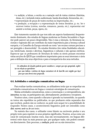 O USO DA LÍNGUA E O UTILIZADOR/APRENDENTE

• a audição, a leitura, a escrita ou a narração oral de textos criativos (histórias,
rimas, etc.), incluindo textos audiovisuais, banda desenhada, fotonovelas, etc.;
• representação de peças de teatro escritas ou improvisadas, etc.;
• a produção, a recepção e a representação de textos literários, p. ex.: ler e
escrever textos (contos, novelas, romances, poesia, etc.); representar em/
assistir a recitais, peças, ópera, etc.
Este tratamento sumário do que tem sido um aspecto fundamental, frequentemente dominante, dos estudos de línguas modernas no Ensino Secundário e Superior pode parecer um pouco desprendido. Não é essa a intenção. As literaturas nacionais e regionais dão um contributo da maior importância para a herança cultural
europeia, e o Conselho da Europa entende-as como “um recurso comum precioso a
ser protegido e desenvolvido”. Os estudos literários têm várias finalidades educativas, intelectuais, morais e afectivas, linguísticas e culturais e não apenas estéticas.
Espera-se que os professores de literatura de todos os níveis possam encontrar
várias secções do QECR que considerem importantes para os seus interesses e úteis
para a definição dos seus objectivos e para a transparência dos seus métodos.
Os utilizadores do Quadro poderão querer considerar e, sempre que seja apropriado, explicitar em relação ao aprendente:
– que usos lúdicos e estéticos da língua necessitará ele de fazer/lhe será exigido que faça/
para que usos deverá estar preparado.

4.4. Actividades e estratégias comunicativas em língua
Para realizar tarefas comunicativas, os utilizadores terão que se empenhar em
actividades comunicativas em língua e construir estratégias de comunicação.
Muitas actividades comunicativas, como a conversação e a correspondência, são
interactivas, ou seja, os participantes são, alternadamente, produtores e receptores.
Noutros casos, como quando o discurso é gravado ou transmitido, ou quando
os textos são expedidos ou publicados, os que produzem estão separados dos
que recebem, podem não se conhecer, ou pode nem sequer ter a possibilidade de
responder. Nestes casos, o acontecimento linguístico pode ser entendido como
dizer, escrever, ouvir ou ler um texto.
Na maioria dos casos, o utilizador como falante ou escrivente produz o seu
próprio texto para exprimir os seus próprios significados. Noutros, actua como um
canal de comunicação (muitas vezes, mas não necessariamente, em línguas diferentes) entre duas ou mais pessoas que, por qualquer razão, não podem comunicar directamente. Este processo, a mediação, pode ser ou não interactivo.
89

 
