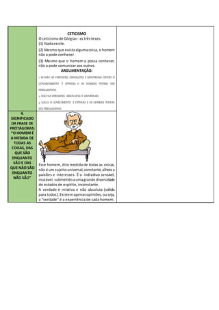 CETICISMO
O ceticismode Górgias - as trêsteses:
(1) Nadaexiste.
(2) Mesmo que existaalgumacoisa, o homem
não a pode conhecer.
(3) Mesmo que o homem a possa conhecer,
não a pode comunicar aos outros.
ARGUMENTAÇÃO:
1. SENÃO HÁ VERDADES ABSOLUTAS E UNIVERSAIS, ENTÃO O
CONHECIMENTO É OPINIÃO E OS HOMENS PODEM SER
PERSUADIDOS.
2. NÃO HÁ VERDADES ABSOLUTAS E UNIVERSAIS.
3. LOGO, O CONECIMENTO É OPINIÃO E OS HOMENS PODEM
SER PERSUADIDOS.
4.
SIGNIFICADO
DA FRASE DE
PROTÁGORAS:
“O HOMEM É
A MEDIDA DE
TODAS AS
COISAS, DAS
QUE SÃO
ENQUANTO
SÃO E DAS
QUE NÃO SÃO
ENQUANTO
NÃO SÃO”
Esse homem, dito medida de todas as coisas,
não é um sujeitouniversal,constante,alheioa
paixões e interesses. É o indivíduo sensível,
mutável,submetidoaumagrande diversidade
de estados de espírito, inconstante.
A verdade é relativa e não absoluta (válida
para todos). Existemapenasopiniões,ouseja,
a “verdade” é a experiência de cada homem.
 