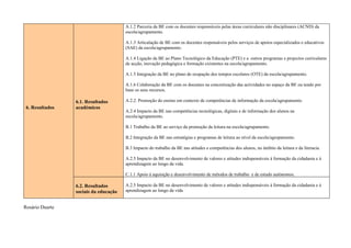 A.1.2 Parceria da BE com os docentes responsáveis pelas áreas curriculares não disciplinares (ACND) da
                                       escola/agrupamento.

                                       A.1.3 Articulação de BE com os docentes responsáveis pelos serviços de apoios especializados e educativos
                                       (SAE) da escola/agrupamento.

                                       A.1.4 Ligação da BE ao Plano Tecnológico da Educação (PTE) e a outros programas e projectos curriculares
                                       de acção, inovação pedagógica e formação existentes na escola/agrupamento.

                                       A.1.5 Integração da BE no plano de ocupação dos tempos escolares (OTE) da escola/agrupamento.

                                       A.1.6 Colaboração da BE com os docentes na concretização das actividades no espaço da BE ou tendo por
                                       base os seus recursos.

                 6.1. Resultados       A.2.2. Promoção do ensino em contexto de competências de informação da escola/agrupamento.
 6. Resultados   académicos
                                       A.2.4 Impacto da BE nas competências tecnológicas, digitais e de informação dos alunos na
                                       escola/agrupamento.

                                       B.1 Trabalho da BE ao serviço da promoção da leitura na escola/agrupamento.

                                       B.2 Integração da BE nas estratégias e programas de leitura ao nível da escola/agrupamento.

                                       B.3 Impacto do trabalho da BE nas atitudes e competências dos alunos, no âmbito da leitura e da literacia.

                                       A.2.5 Impacto da BE no desenvolvimento de valores e atitudes indispensáveis à formação da cidadania e à
                                       aprendizagem ao longo da vida.

                                       C.1.1 Apoio à aquisição e desenvolvimento de métodos de trabalho e de estudo autónomos.

                 6.2. Resultados       A.2.5 Impacto da BE no desenvolvimento de valores e atitudes indispensáveis à formação da cidadania e à
                 sociais da educação   aprendizagem ao longo da vida


Rosário Duarte
 