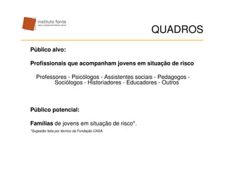QUADROS
Público alvo:

Profissionais que acompanham jovens em situação de risco

   Professores - Psicólogos - Assistentes sociais - Pedagogos -
          Sociólogos - Historiadores - Educadores - Outros



Público potencial:

Famílias de jovens em situação de risco*.
*Sugestão feita por técnico da Fundação CASA.
 