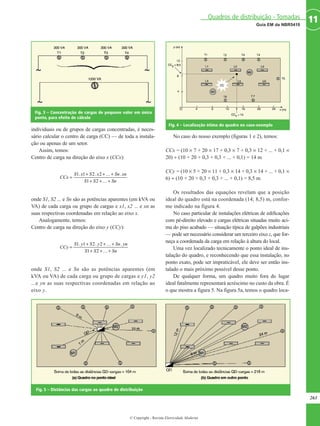 individuais ou de grupos de cargas concentradas, é neces-
sário calcular o centro de carga (CC) — de toda a instala-
ção ou apenas de um setor.
Assim, temos:
Centro de carga na direção do eixo x (CCx):
onde S1, S2 ... e Sn são as potências aparentes (em kVA ou
VA) de cada carga ou grupo de cargas e x1, x2 ... e xn as
suas respectivas coordenadas em relação ao eixo x.
Analogamente, temos:
Centro de carga na direção do eixo y (CCy):
onde S1, S2 ... e Sn são as potências aparentes (em
kVA ou VA) de cada carga ou grupo de cargas e y1, y2
...e yn as suas respectivas coordenadas em relação ao
eixo y.
No caso do nosso exemplo (figuras 1 e 2), temos:
CCx = (10 × 7 + 20 × 17 + 0,3 × 7 + 0,3 × 12 + ... + 0,1 ×
20) ÷ (10 + 20 + 0,3 + 0,3 + ... + 0,1) = 14 m
CCy = (10 × 5 + 20 × 11 + 0,3 × 14 + 0,3 × 14 + ... + 0,1 ×
6) ÷ (10 + 20 + 0,3 + 0,3 + ... + 0,1) = 8,5 m
Os resultados das equações revelam que a posição
ideal do quadro está na coordenada (14; 8,5) m, confor-
me indicado na figura 4.
No caso particular de instalações elétricas de edificações
com pé-direito elevado e cargas elétricas situadas muito aci-
ma do piso acabado — situação típica de galpões industriais
— pode ser necessário considerar um terceiro eixo z, que for-
neça a coordenada da carga em relação à altura do local.
Uma vez localizado tecnicamente o ponto ideal de ins-
talação do quadro, e reconhecendo que essa instalação, no
ponto exato, pode ser impraticável, ele deve ser então ins-
talado o mais próximo possível desse ponto.
De qualquer forma, um quadro muito fora do lugar
ideal fatalmente representará acréscimo no custo da obra. É
o que mostra a figura 5. Na figura 5a, temos o quadro loca-
SnSS
ynSnySyS
CCy
+++
+++
=
K
K
21
.2.21.1
SnSS
xnSnxSxS
CCx
+++
+++
=
K
K
21
.2.21.1
263
11Guia EM da NBR5410
Quadros de distribuição - Tomadas
© Copyright - Revista Eletricidade Moderna
Fig. 3 – Concentração de cargas de pequeno valor em único
ponto, para efeito de cálculo
Fig. 4 – Localização ótima do quadro no caso-exemplo
Fig. 5 – Distâncias das cargas ao quadro de distribuição
Fig. 5 – Distâncias das cargas ao quadro de distribuição
 