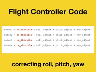 Flight Controller Code
motor1 = rc_throttle - roll_adjust - pitch_adjust - yaw_adjust;
 