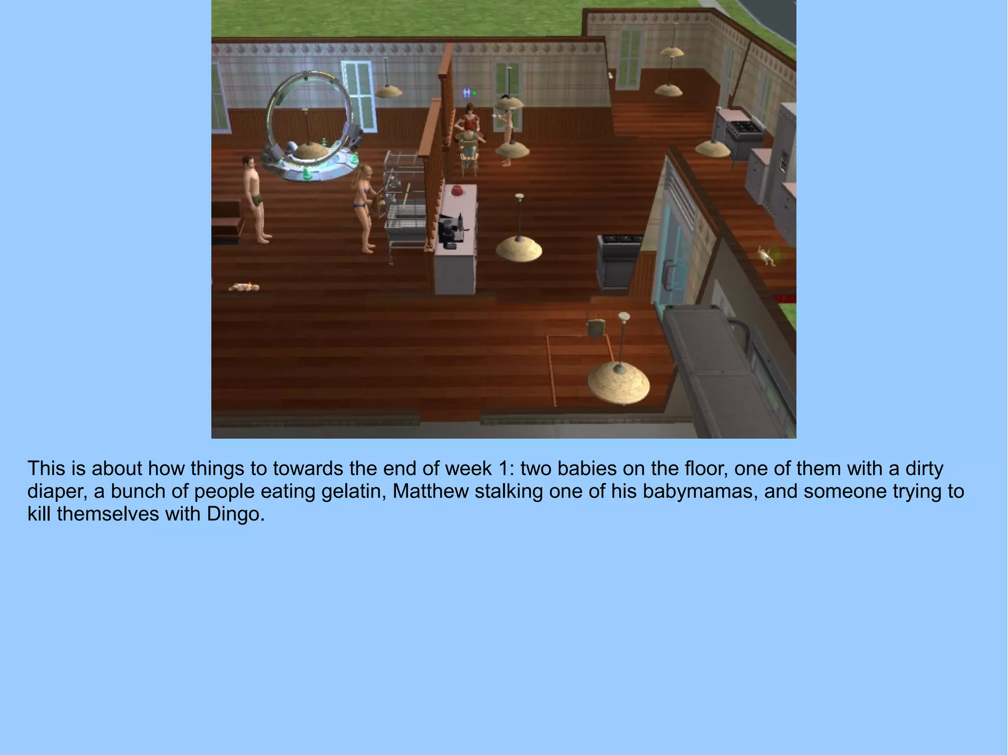 This is about how things to towards the end of week 1: two babies on the floor, one of them with a dirty
diaper, a bunch of people eating gelatin, Matthew stalking one of his babymamas, and someone trying to
kill themselves with Dingo.
 