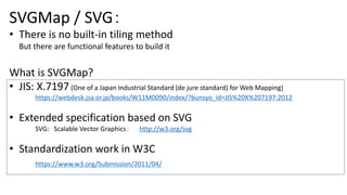 SVGMap / SVG：
• There is no built-in tiling method
But there are functional features to build it
What is SVGMap?
• JIS: X.7197 (One of a Japan Industrial Standard (de jure standard) for Web Mapping)
https://webdesk.jsa.or.jp/books/W11M0090/index/?bunsyo_id=JIS%20X%207197:2012
• Extended specification based on SVG
SVG: Scalable Vector Graphics： http://w3.org/svg
• Standardization work in W3C
https://www.w3.org/Submission/2011/04/
 