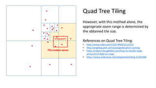 Viewport
This makes sense
Quad Tree Tiling
However, with this method alone, the
appropriate zoom range is determined by
the obtained tile size.
References on Quad Tree Tiling:
• http://www.mdpi.com/2220-9964/5/11/215
• http://engblog.yext.com/post/geolocation-caching
• https://robots.thoughtbot.com/how-to-handle-large-
amounts-of-data-on-maps
• https://www.slideshare.net/totipalmate/tiling-51301496
 