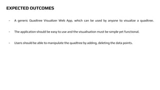 EXPECTED OUTCOMES
- A generic Quadtree Visualizer Web App, which can be used by anyone to visualize a quadtree.
- The application should be easy to use and the visualisation must be simple yet functional.
- Users should be able to manipulate the quadtree by adding, deleting the data points.
 