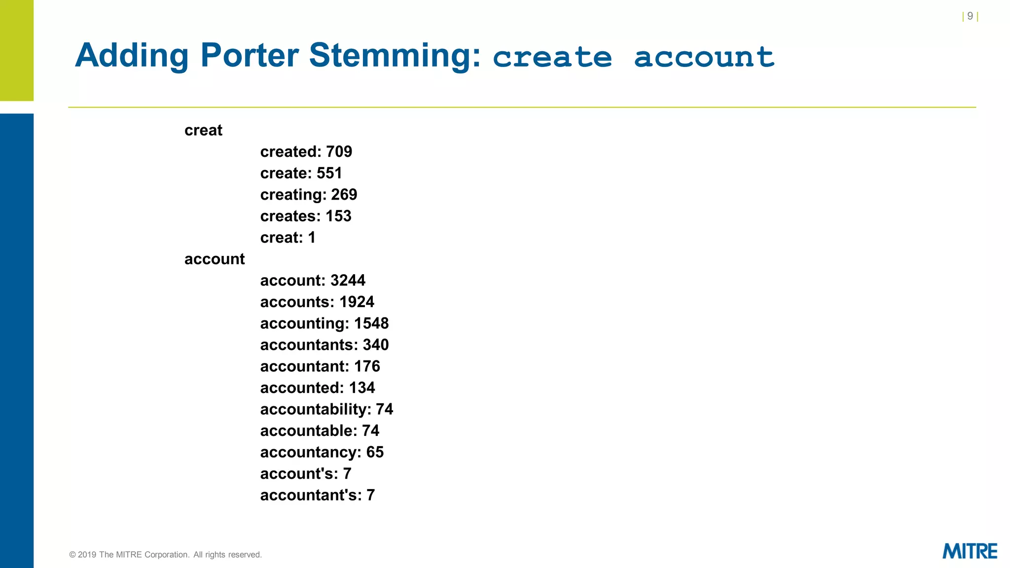 | 9 |
© 2019 The MITRE Corporation. All rights reserved.
Adding Porter Stemming: create account
creat
created: 709
create: 551
creating: 269
creates: 153
creat: 1
account
account: 3244
accounts: 1924
accounting: 1548
accountants: 340
accountant: 176
accounted: 134
accountability: 74
accountable: 74
accountancy: 65
account's: 7
accountant's: 7
 